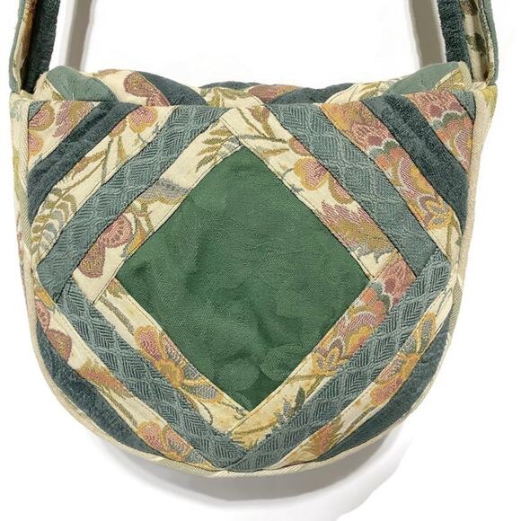 Tapestry Patchwork Crossbody Purse An Original by Rhonda Hand Sewn Green & Beige - Picture 4 of 10